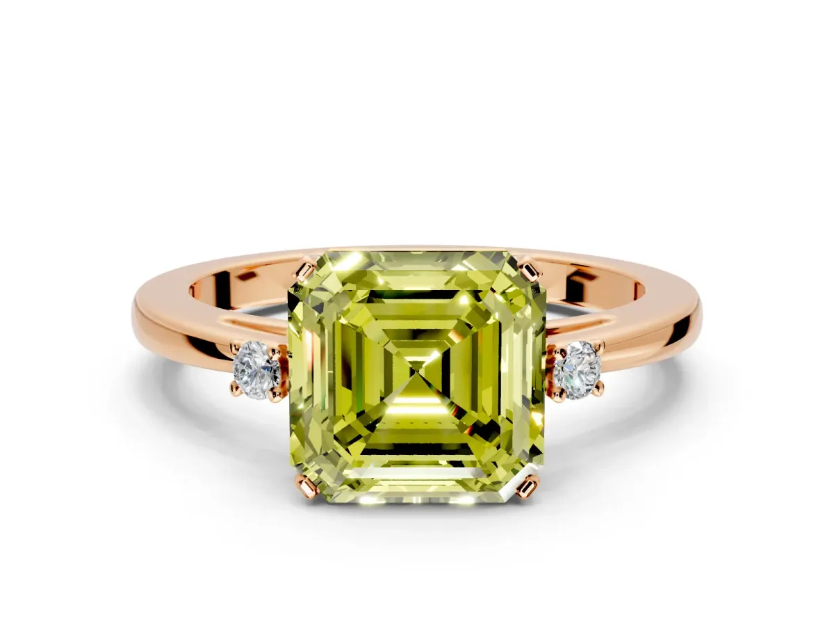 3 Stone Engagement Ring Setting for Fancy Yellow Asscher Cut Center with Low-Set Round Cut Accents and Prong Head in Rose Gold