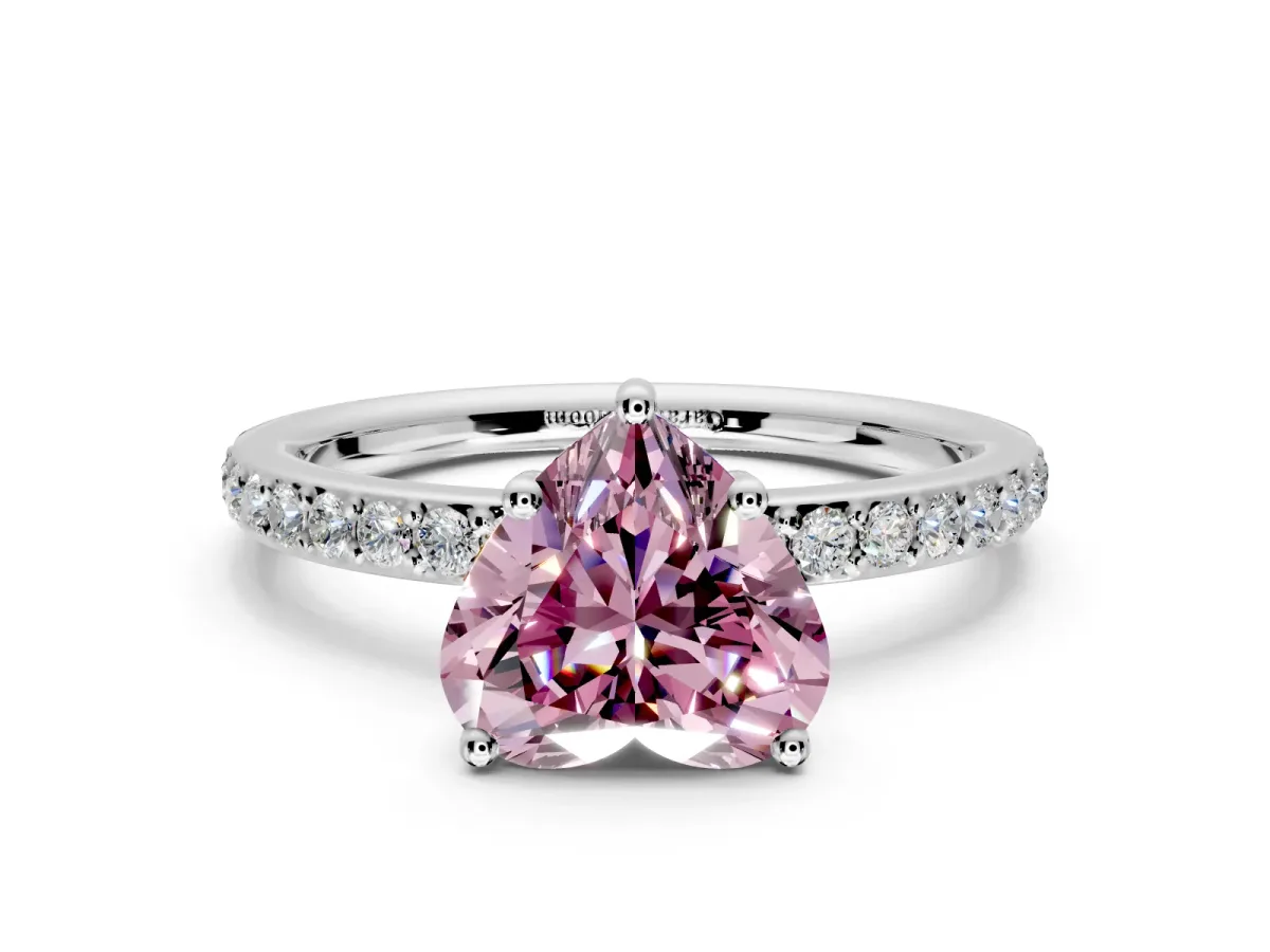 Solitaire Engagement Ring Setting for Fancy Pink Heart-Shaped Center with Fine Pave Band and Prong Head in Platinum