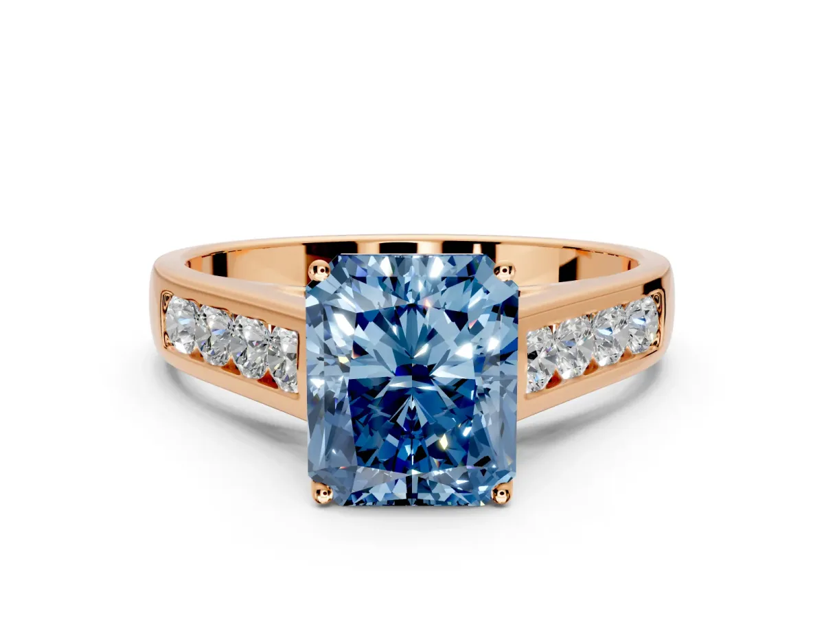 Solitaire Engagement Ring Setting for Fancy Blue Radiant Cut Center with Round Cut Channel Band and Prong Head in Rose Gold