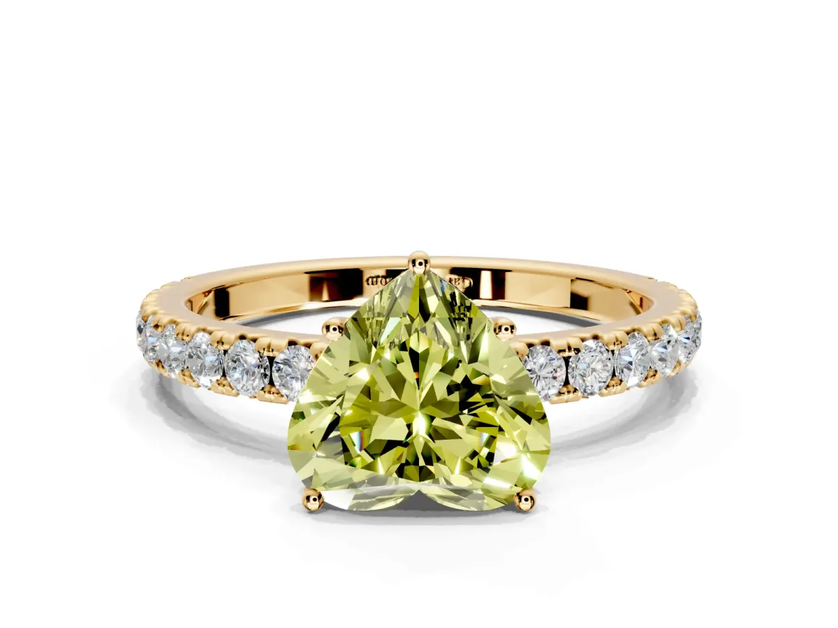 Solitaire Engagement Ring Setting for Fancy Yellow Heart-Shaped Center with Large Accent Band and Prong Head in Yellow Gold