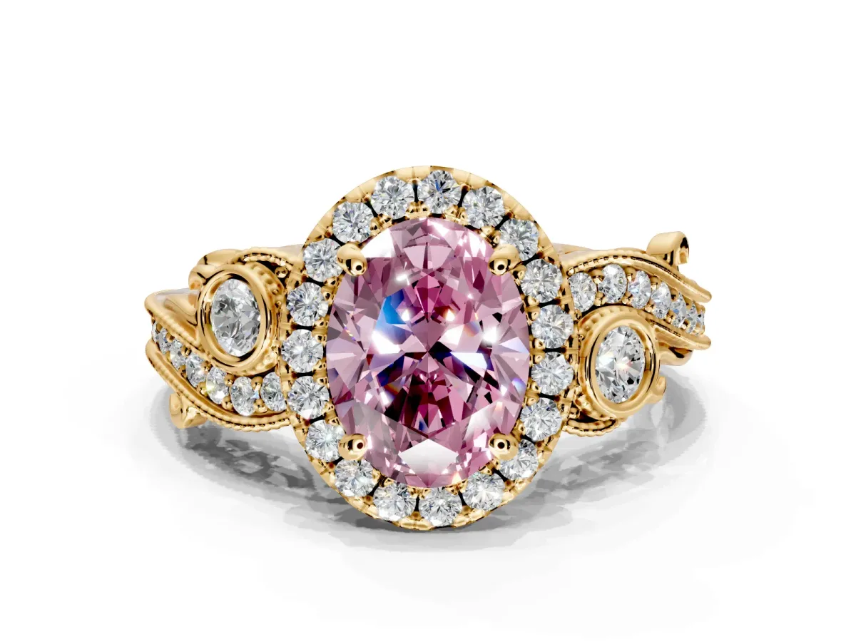 Milgrain Halo Engagement Ring Setting for Fancy Pink Oval Center with Shoulder Bezels and Prong Head in Yellow Gold