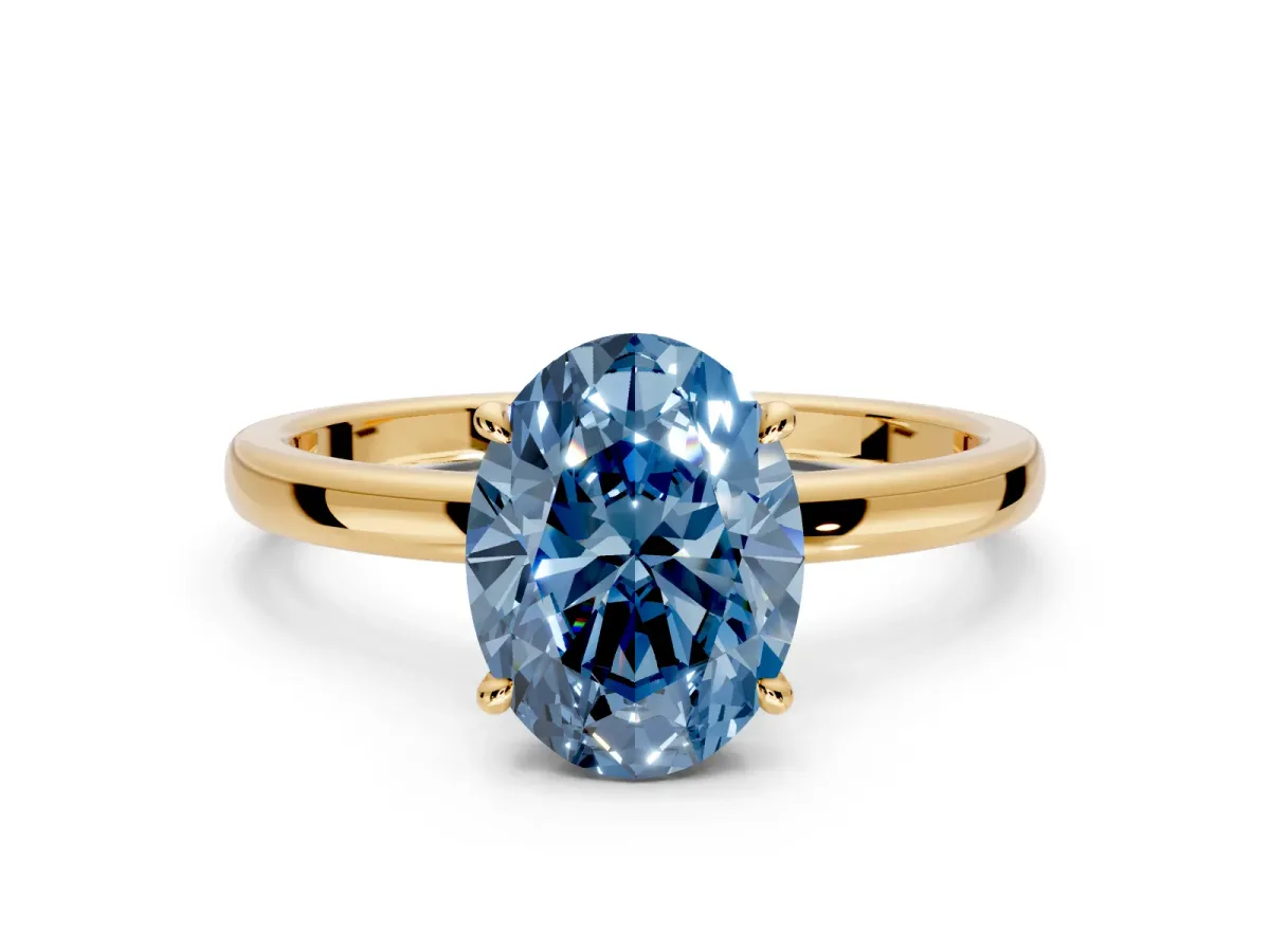 Hidden Halo Engagement Ring Setting for Fancy Blue Oval Center with Plain Band and Tall Prong Head in Yellow Gold