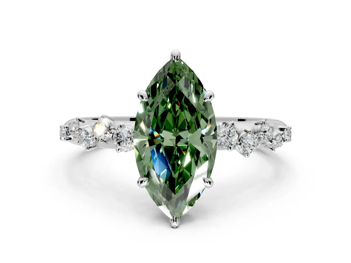 Cluster Engagement Ring Setting for Fancy Green Marquise Center with Round Cut Accent Band and Prong Head in Platinum