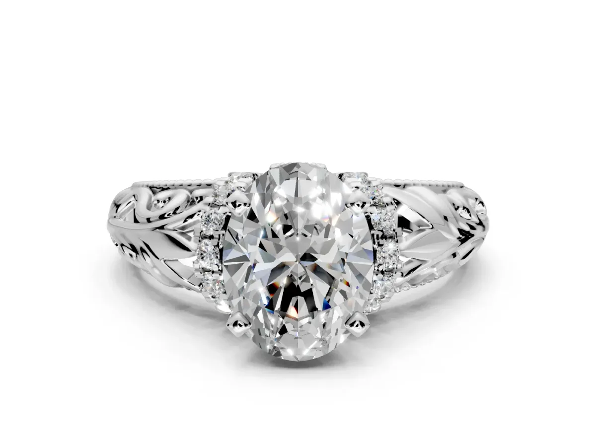 Solitaire Engagement Ring Setting for Oval Center with Filigree Accent Basket and Prong Head in Platinum