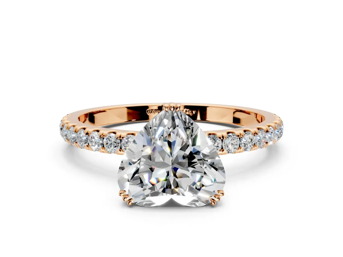 Solitaire Engagement Ring Setting for Heart-Shaped Center with Pave Band and Claw Prong Head in Rose Gold