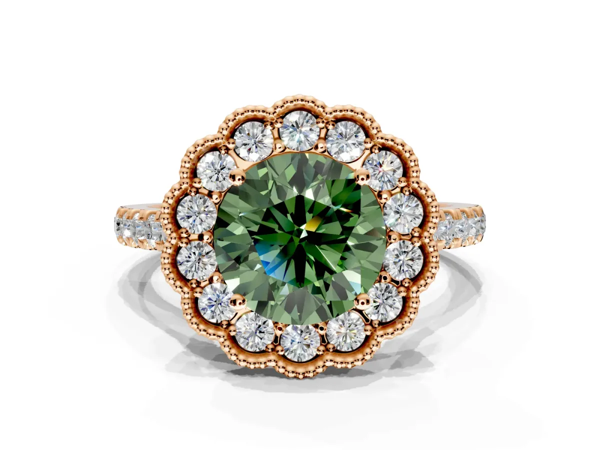 Milgrain Floral Halo Engagement Ring Setting for Fancy Green Round Cut Center with Pave Band and Prong Head in Rose Gold