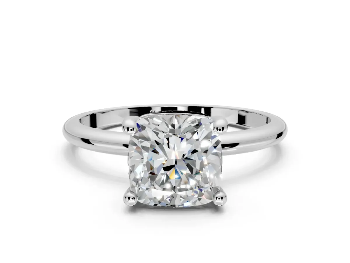 Minimalist Solitaire Engagement Ring Setting for Cushion Cut Center with Thin Band and Prong Head in White Gold