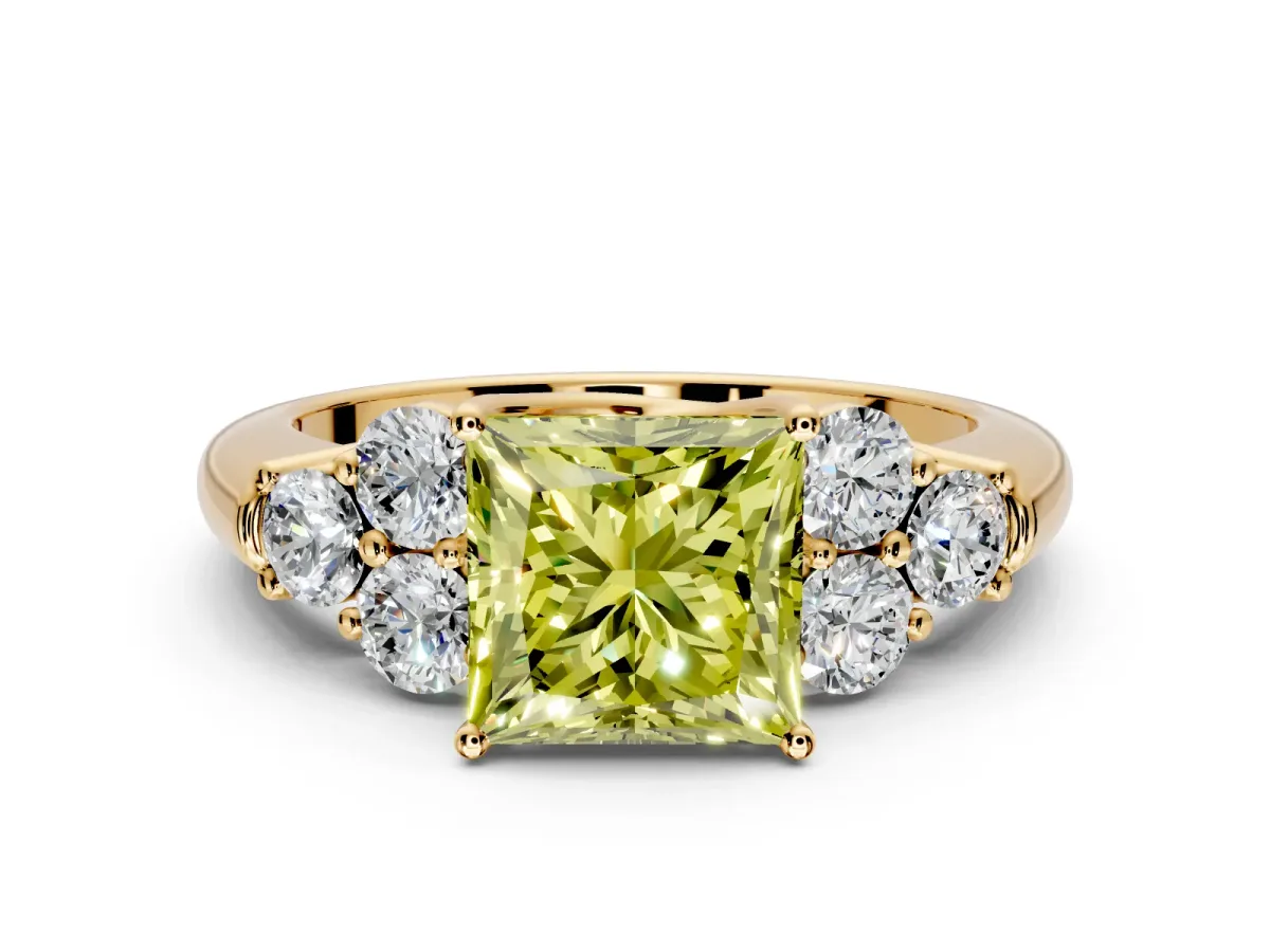 Cluster Engagement Ring Setting for Fancy Yellow Princess Cut Center with Round Cut Accent Frame and Prong Head in Yellow Gold