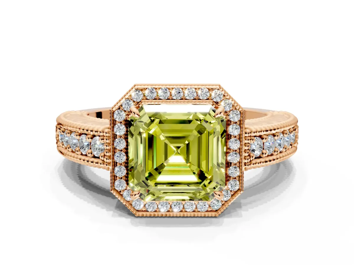 Milgrain Halo Engagement Ring Setting for Fancy Yellow Asscher Cut Center with Pave Band and Prong Head in Rose Gold