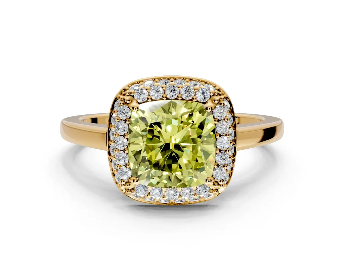 Halo Engagement Ring Setting for Fancy Yellow Cushion Cut Center with Plain Tapered Band and Prong Head in Yellow Gold
