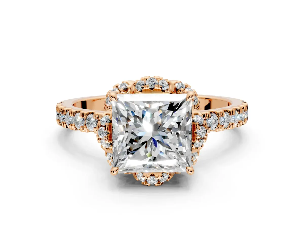 Halo Engagement Ring Setting for Princess Cut Center with Openwork Halo, Pave Band and Prong Head in Rose Gold