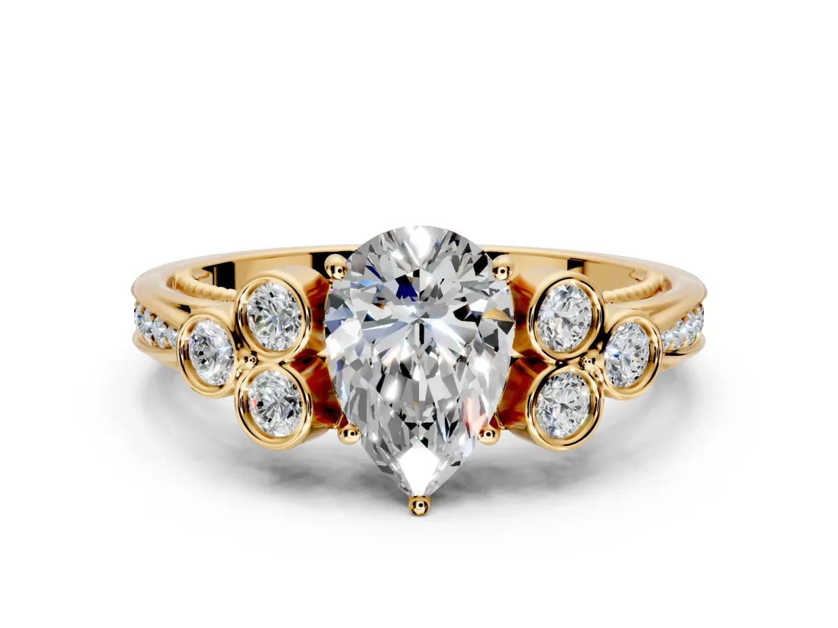 Cluster Engagement Ring Setting for Pear-Shaped Center with Bezel Accent Clusters and Prong Head in Yellow Gold