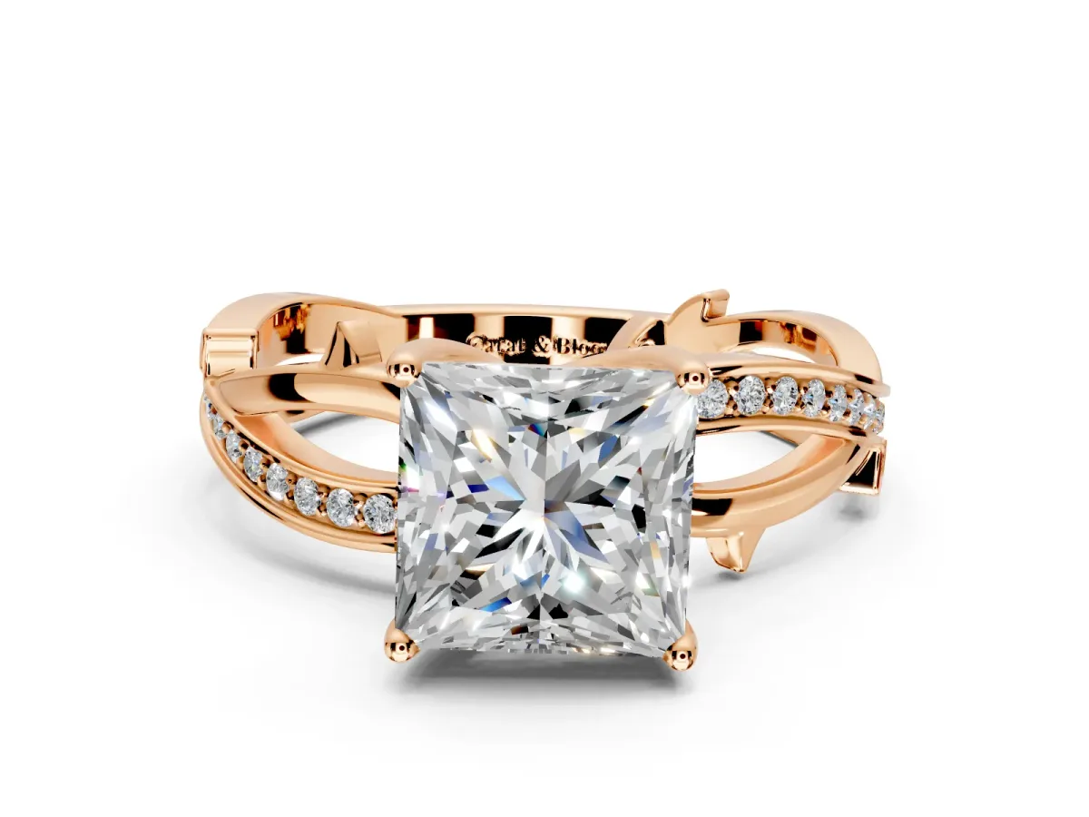 Solitaire Engagement Ring Setting for Princess Cut Center with Pave and Plain Crossover Band and Prong Head in Rose Gold
