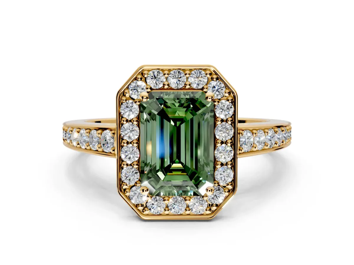 Bezel-Framed Halo Engagement Ring Setting for Fancy Green Emerald Cut Center with Pave Band and Prong Head in Yellow Gold