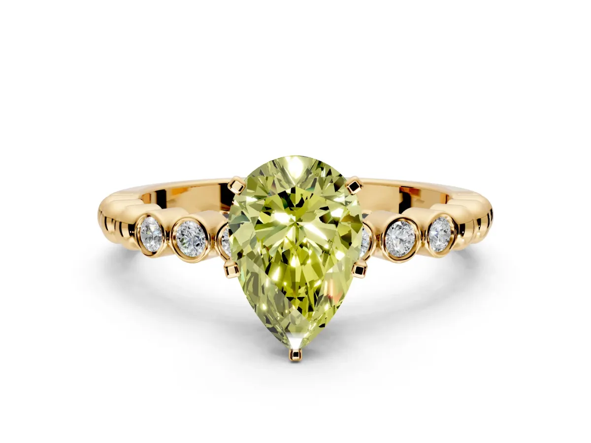 Solitaire Engagement Ring Setting for Fancy Yellow Pear-Shaped Center with Bezel-Dot Beaded Band and Prong Head in Yellow Gold