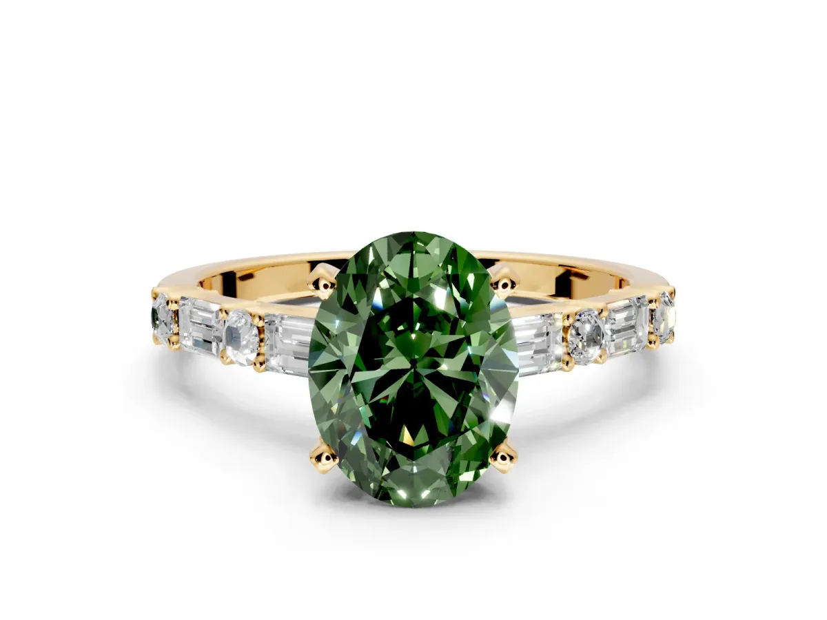 Baguette Engagement Ring Setting for Fancy Green Oval Center with Alternating Bar-Set Band and Prong Head in Yellow Gold