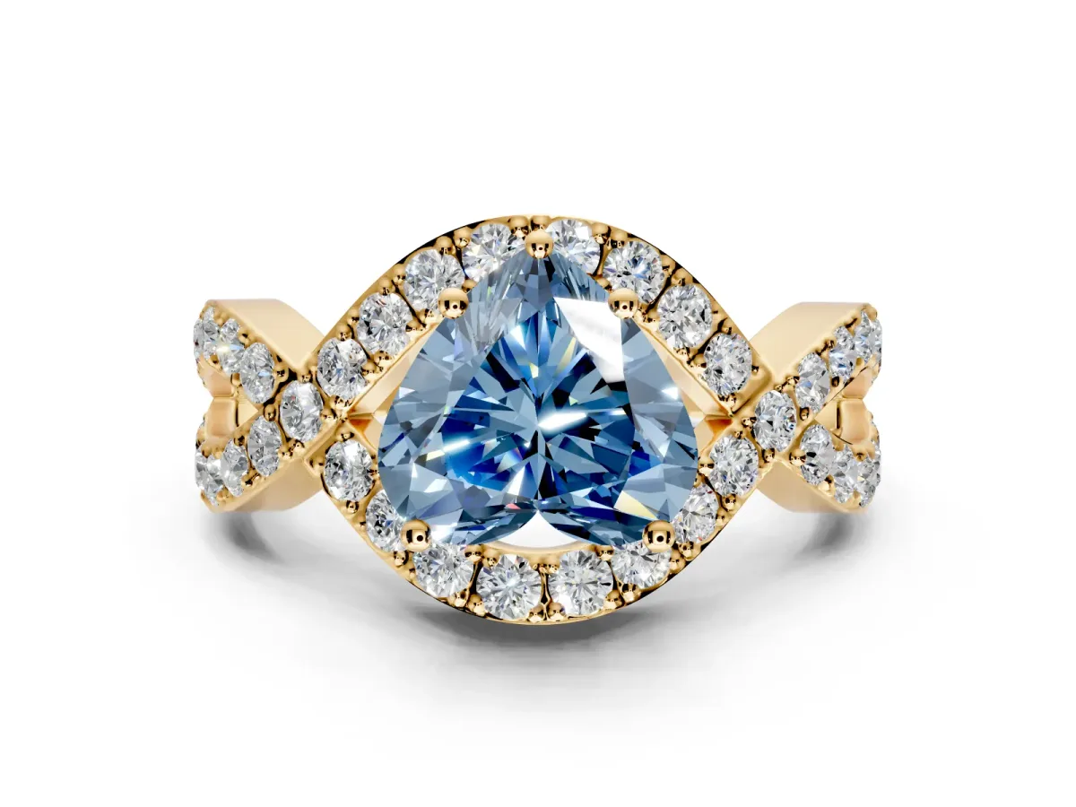 Halo Engagement Ring Setting for Fancy Blue Heart-Shaped Center with Pave Infinity Twist Band and Prong Head in Yellow Gold