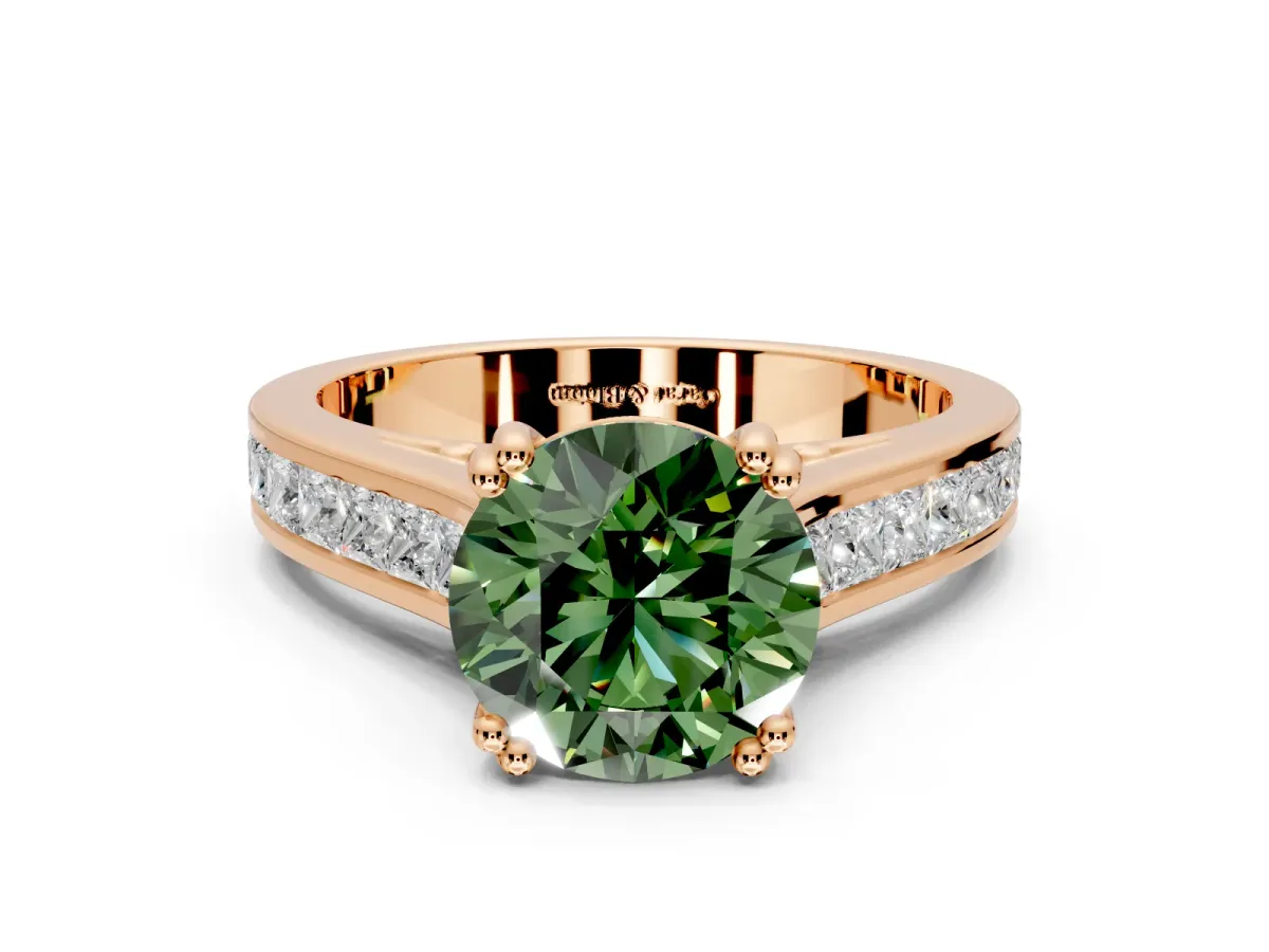 Solitaire Engagement Ring Setting for Fancy Green Round Cut Center with Channel Band and Double Claw Prong Head in Rose Gold