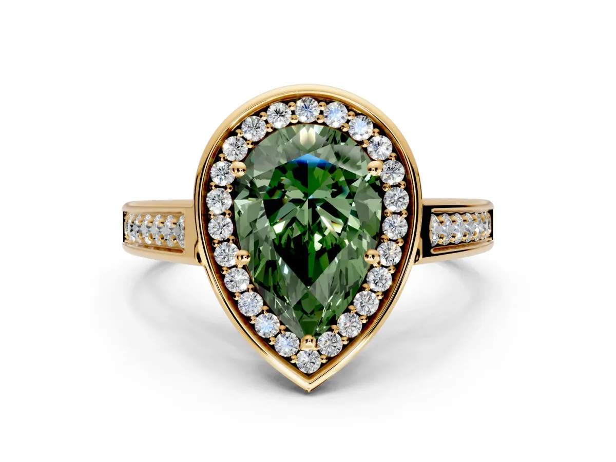 Halo Engagement Ring Setting for Fancy Green Pear-Shaped Center with Outer Bezel Rim, Pave Band and Prong Head in Yellow Gold