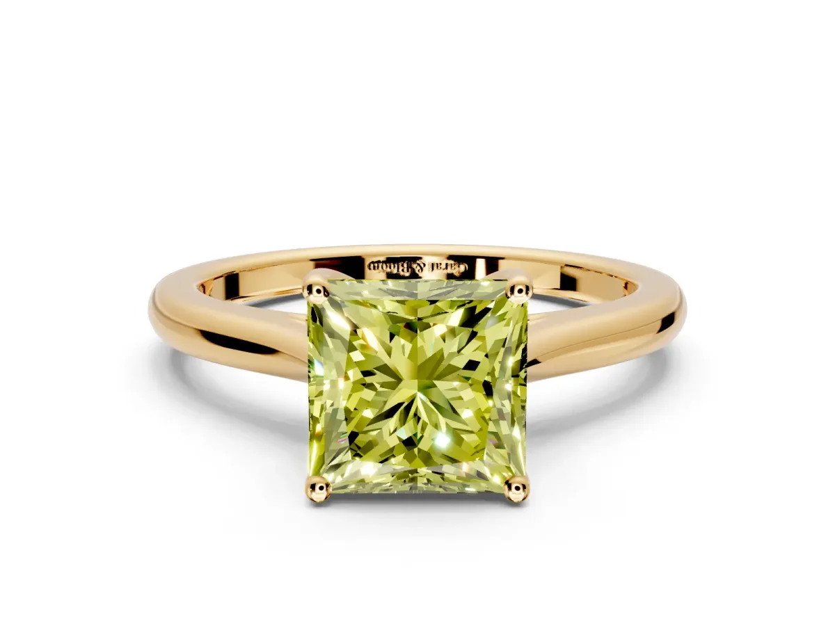 Solitaire Engagement Ring Setting for Fancy Yellow Princess Cut Center with Narrow Cathedral Band and Prong Head in Yellow Gold