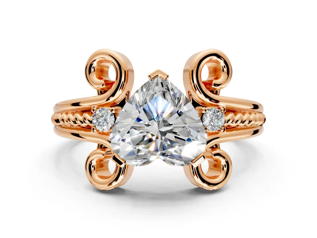 Solitaire Engagement Ring Setting for Heart-Shaped Center with Twisted Band and Scroll Prong Head in Rose Gold