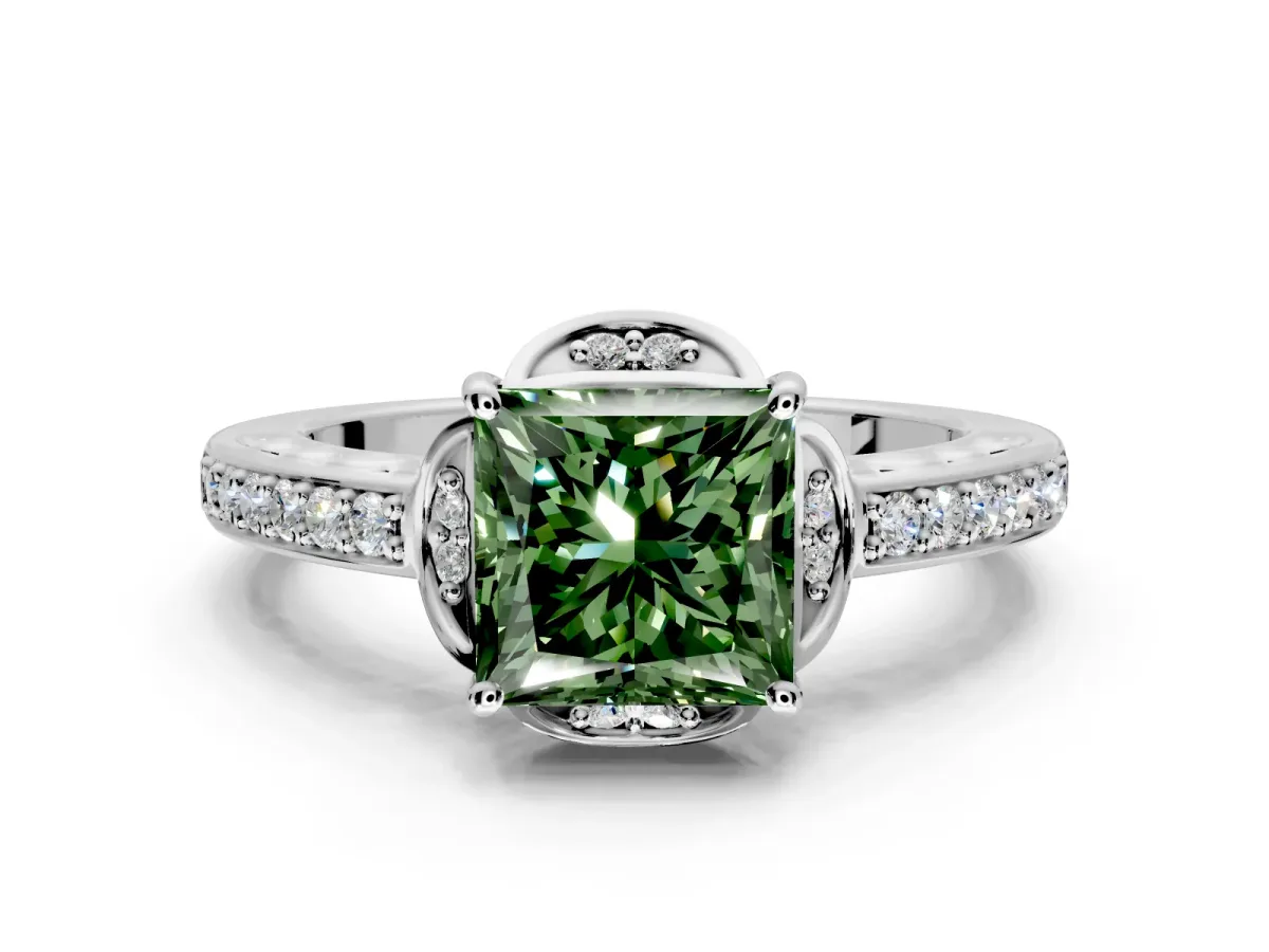 Floral Engagement Ring Setting for Fancy Green Princess Cut Center with Four Accent Clusters and Prong Head in Platinum