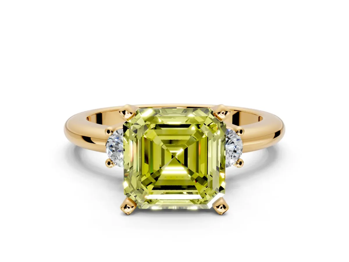 3 Stone Engagement Ring Setting for Fancy Yellow Asscher Cut Center with Wide Plain Band and Prong Head in Yellow Gold