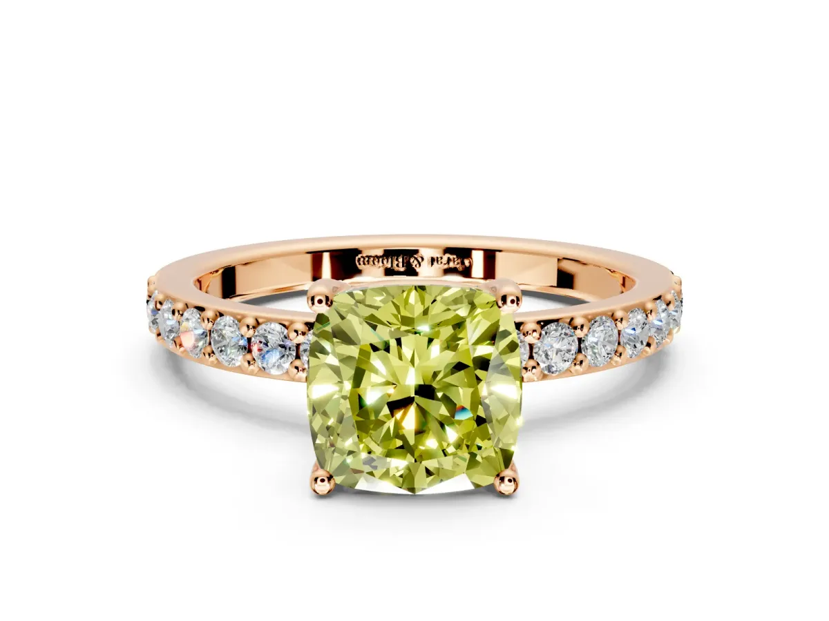 Solitaire Engagement Ring Setting for Fancy Yellow Cushion Cut Center with Round Cut Pave Band and Prong Head in Rose Gold