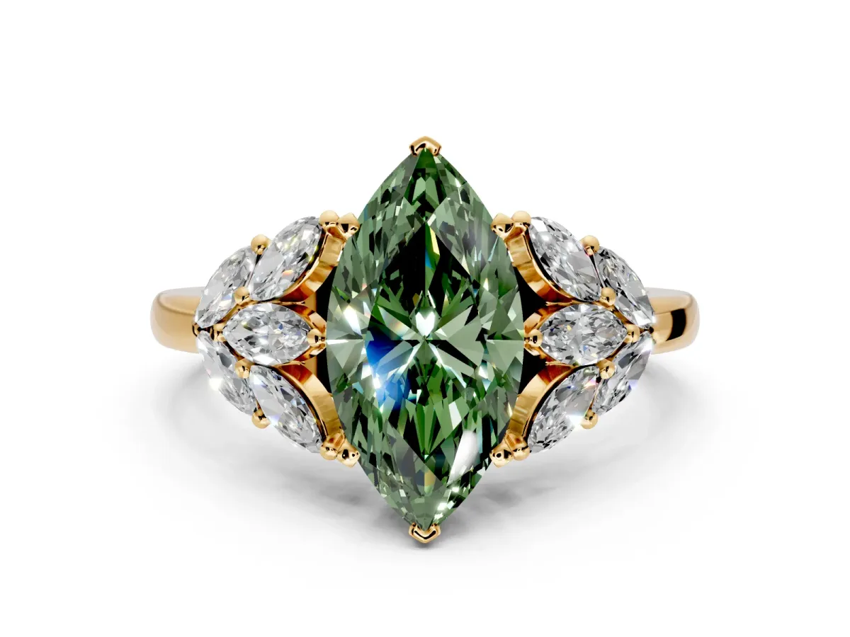 Leaf Cluster Engagement Ring Setting for Fancy Green Marquise Center with Marquise Accents and Prong Head in Yellow Gold