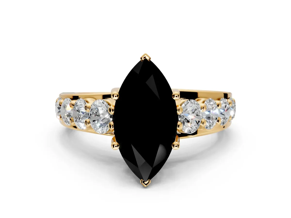 Solitaire Engagement Ring Setting for Fancy Black Marquise Center with Graduated Shared Prongs and Prong Head in Yellow Gold