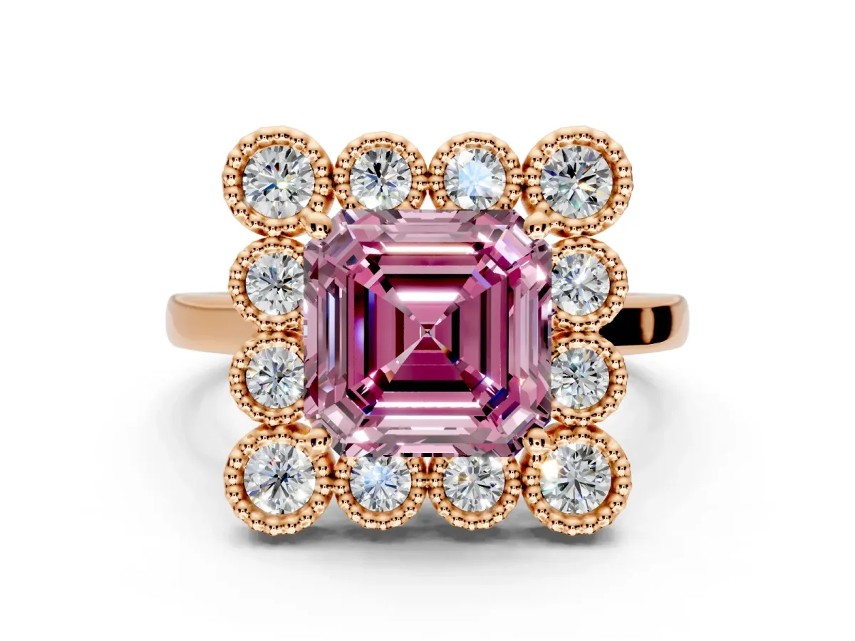 Cluster Halo Engagement Ring Setting for Fancy Pink Asscher Cut Center with Milgrain Bezel Accents and Prong Head in Rose Gold