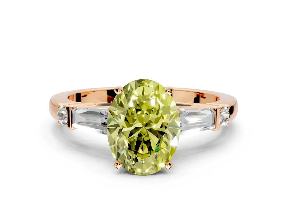 Bar-Set Engagement Ring Setting for Fancy Yellow Oval Center with Tapered Baguette Accents and Prong Head in Rose Gold