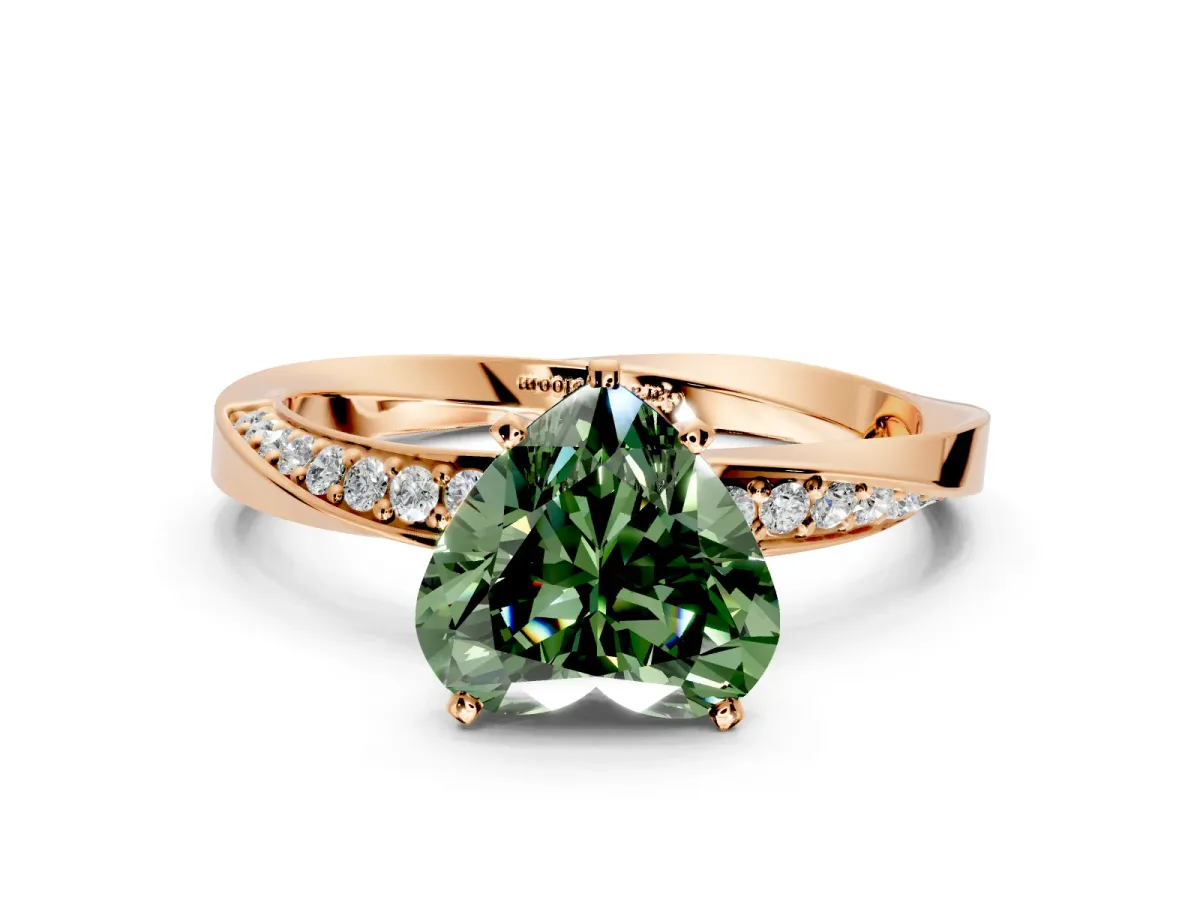 Side Accent Engagement Ring Setting for Fancy Green Heart-Shaped Center with Accent Shoulders and Prong Head in Rose Gold