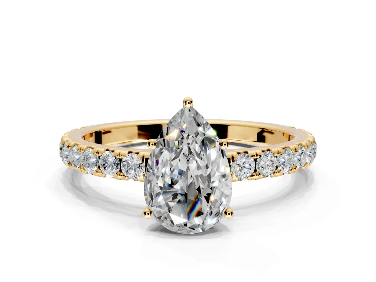 Solitaire Engagement Ring Setting for Pear-Shaped Center with Large Accent Band and Prong Head in Yellow Gold