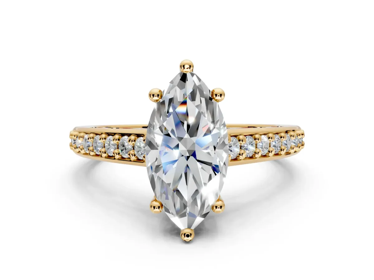 Solitaire Engagement Ring Setting for Marquise Center with Pave Cathedral Band and Prong Head in Yellow Gold