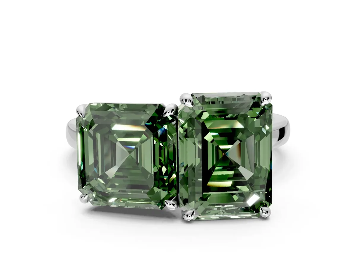 Fancy Green Asscher Cut and Emerald Cut Lab-Grown Diamond Toi et Moi Engagement Ring with Prong-Set Stones in Platinum