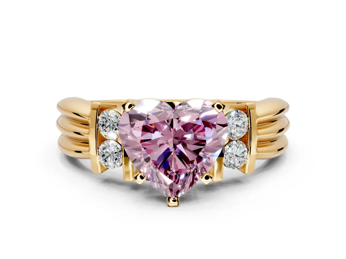 Solitaire Engagement Ring Setting for Fancy Pink Heart-Shaped Center with Grooved Bar Accent Band and Prong Head in Yellow Gold