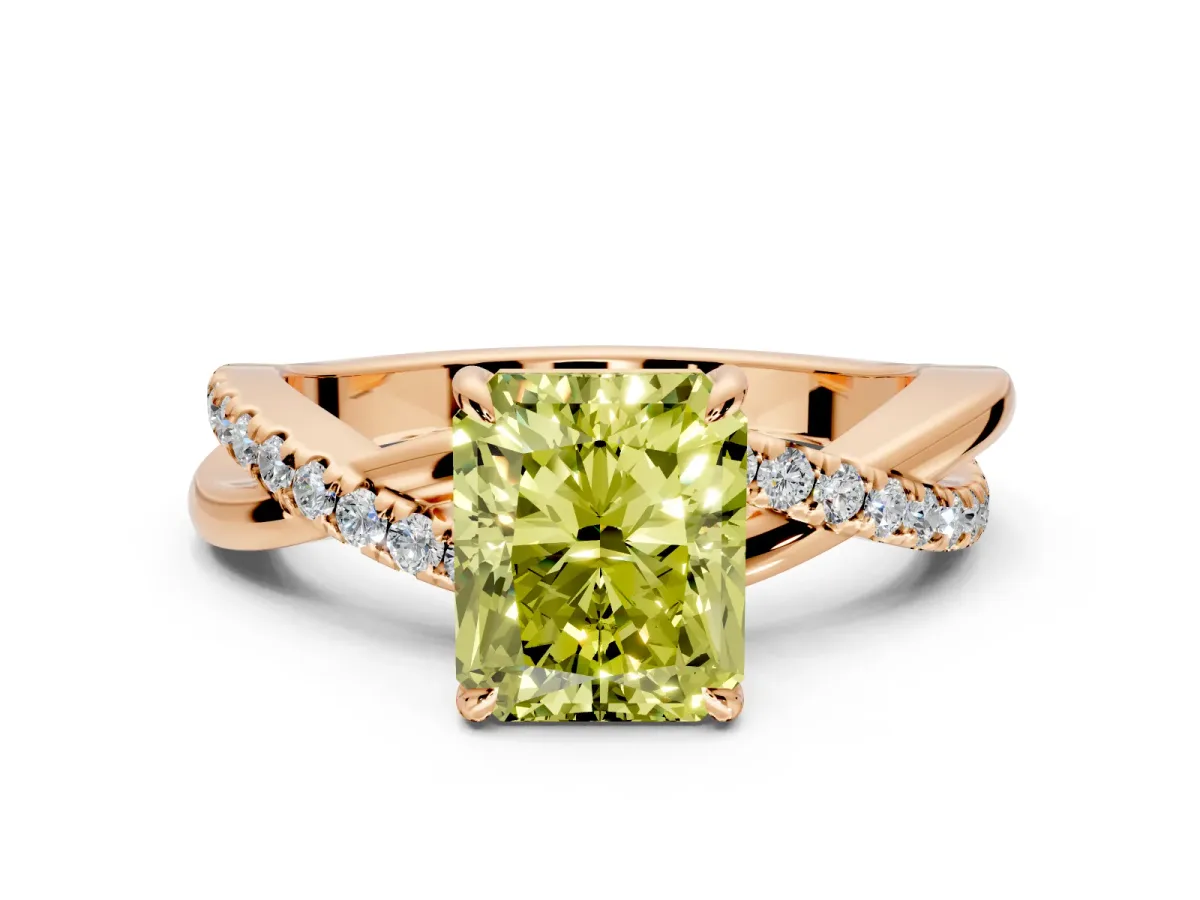 Crossover Engagement Ring Setting for Fancy Yellow Radiant Cut Center with Pave and Plain Strands and Prong Head in Rose Gold