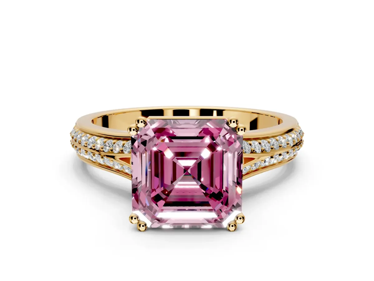 Solitaire Engagement Ring Setting for Fancy Pink Asscher Cut Center with Pave Rail Split Shank and Prong Head in Yellow Gold