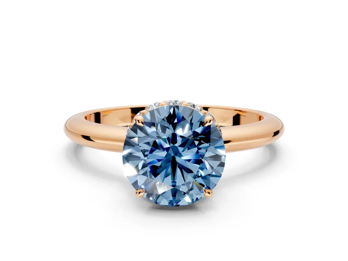 Hidden Halo Engagement Ring Setting for Fancy Blue Round Cut Center with Plain Rounded Band and Prong Head in Rose Gold