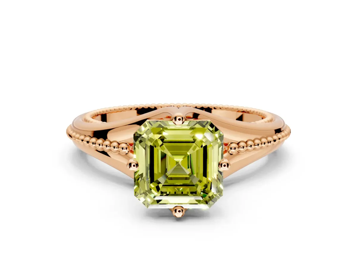 Solitaire Engagement Ring Setting for Fancy Yellow Asscher Cut Center with Milgrain Cathedral Band and Prong Head in Rose Gold