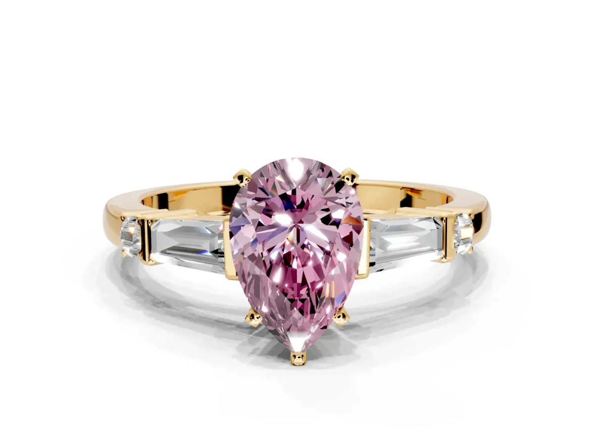 Bar-Set Engagement Ring Setting for Fancy Pink Pear-Shaped Center with Tapered Baguette Accents and Prong Head in Yellow Gold