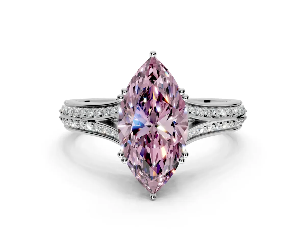 Solitaire Engagement Ring Setting for Fancy Pink Marquise Center with Pave Rail Split Shank and Prong Head in White Gold