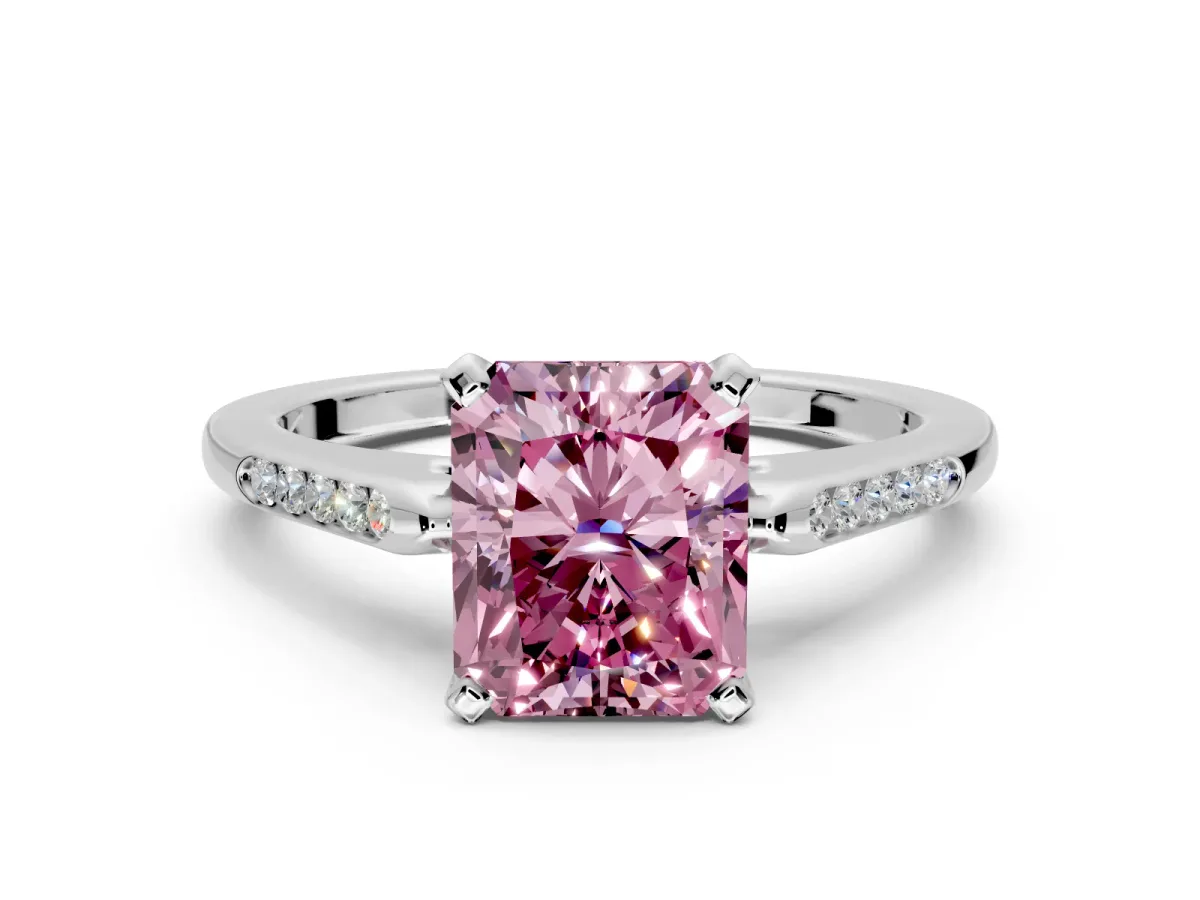 Solitaire Engagement Ring Setting for Fancy Pink Radiant Cut Center with Channel Accents and Prong Head in Sterling Silver