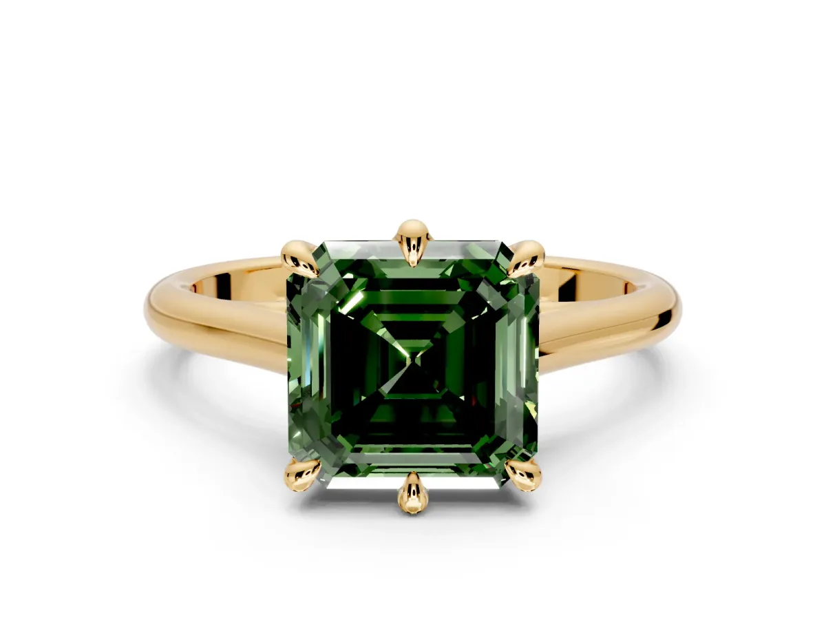 Solitaire Engagement Ring Setting for Fancy Green Asscher Cut Center with Cathedral Band and Prong Head in Yellow Gold