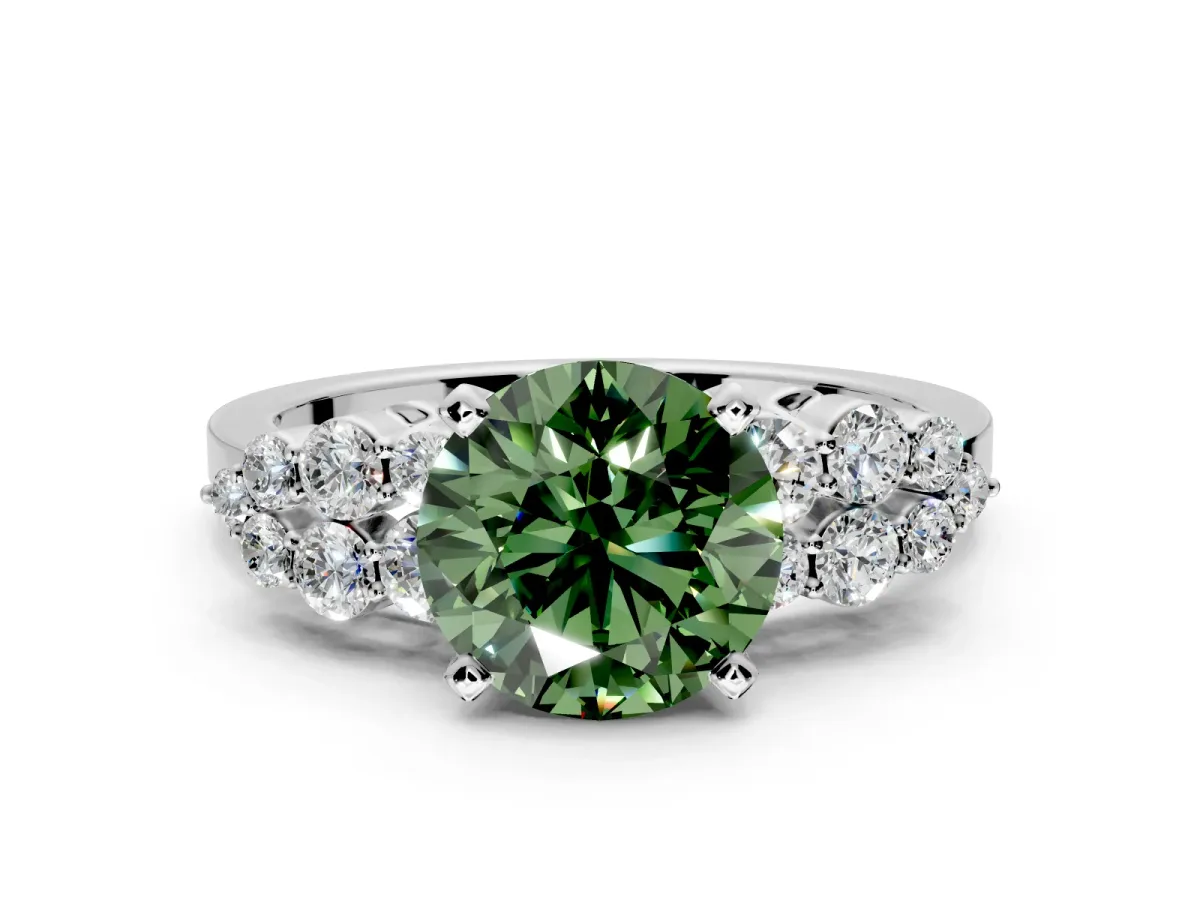 Cluster Engagement Ring Setting for Fancy Green Round Cut Center with 2-Row Shoulder Clusters and Prong Head in Platinum