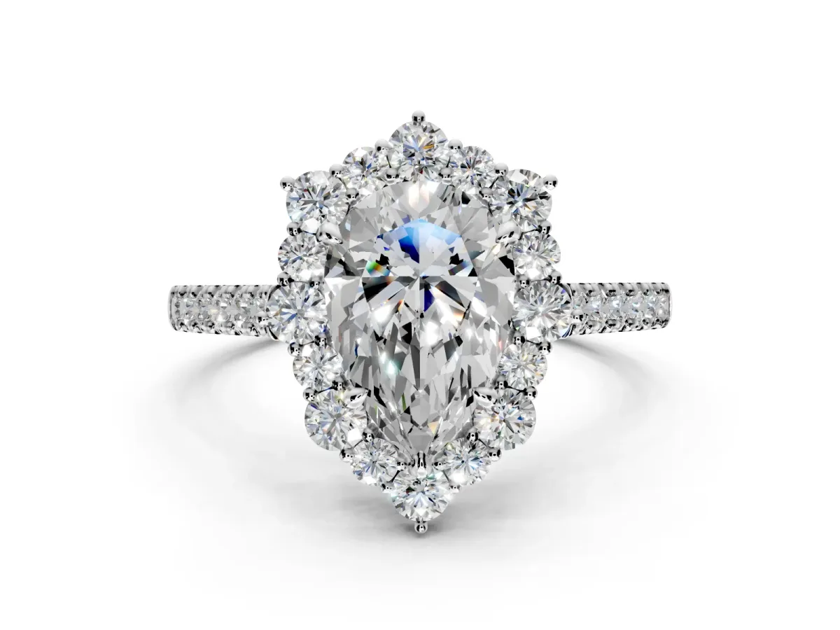 Halo Engagement Ring Setting for Pear-Shaped Center with Single-Row Pave, Open Basket and Prong Head in Platinum