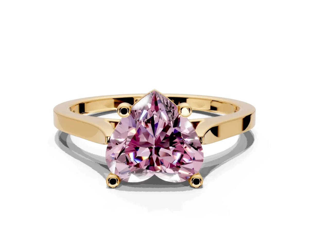 Solitaire Engagement Ring Setting for Fancy Pink Heart-Shaped Center with Tapered Shoulders and Prong Head in Yellow Gold