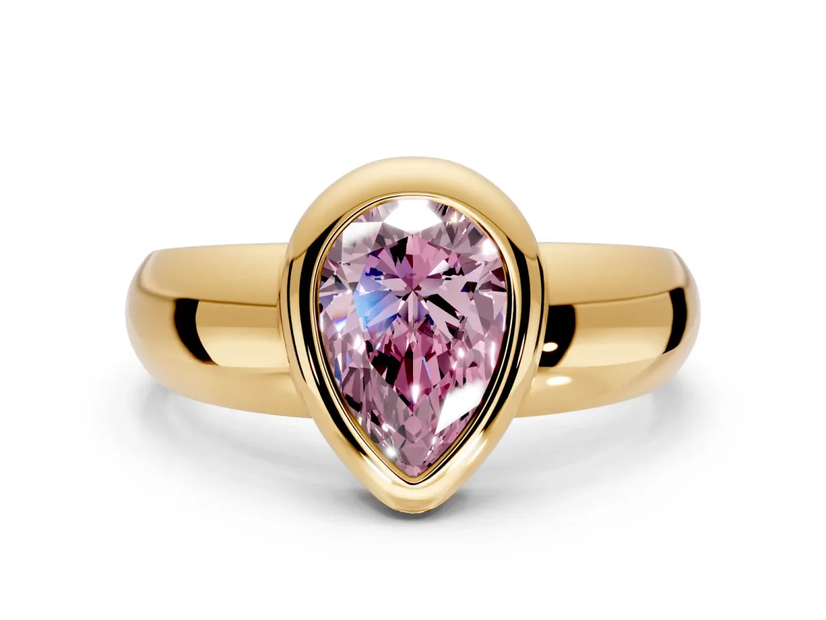 Solitaire Engagement Ring Setting for Fancy Pink Pear-Shaped Center with Wide Band and Bezel Head in Yellow Gold