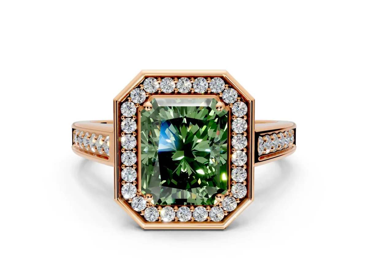Halo Engagement Ring Setting for Fancy Green Radiant Cut Center with Outer Bezel Rim, Pave Band and Prong Head in Rose Gold